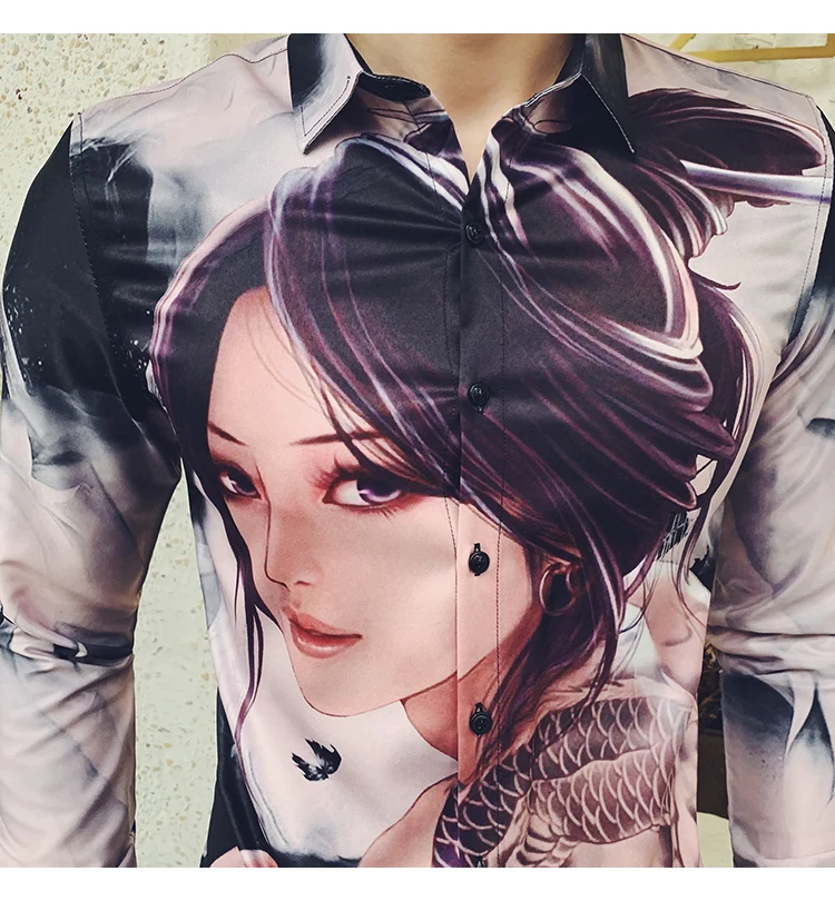 Высокое качество, Camisa Masculina, мода, мужская рубашка с длинным рукавом, красивая девушка, с принтом, тонкая рубашка, мужская рубашка для ночного клуба, смокинг, платье