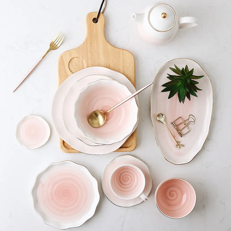 Ceramics Dinner Plate Set Plating Gold Strip Dishes Plates Porcelain Rice Fish Steak Dessert Tableware Irregular Handmade | Дом и сад