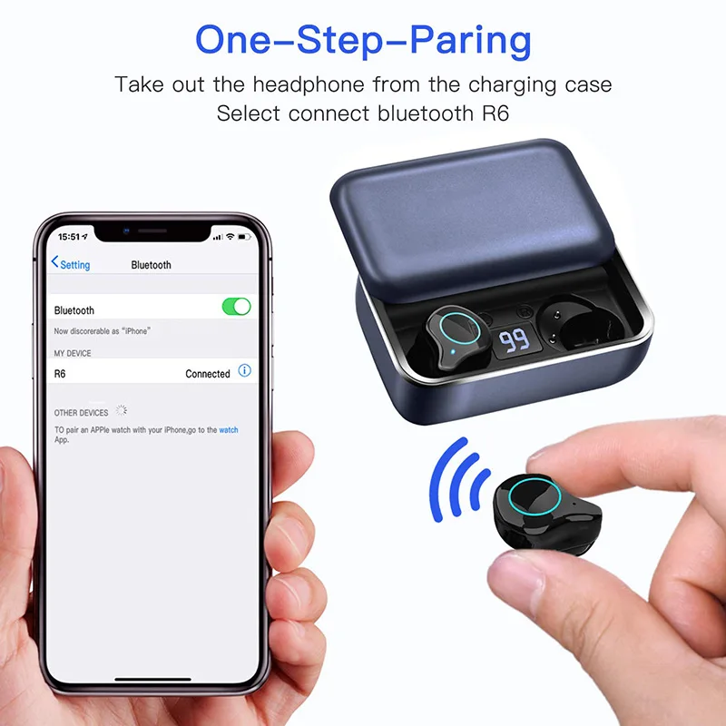 TWSearphone R6 Wireless Handfree Headphone Bluetooth 5.0 Earphone HD 8D Sport Stereo Earbuds With Micphone LED Display VS QCY |