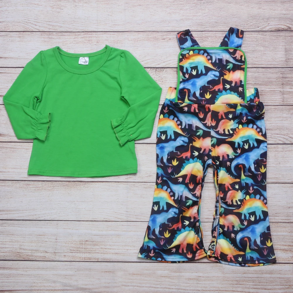 2021 Autumn Style Cotton Baby Girl Suit Green Long-Sleeved Top And Dinosaur Print Overalls Children'S Clothing