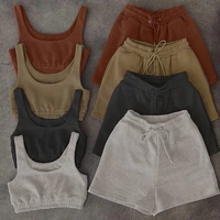 casual solid shorts sets women 2021 crop top two piece and drawstring shorts matching sportswear set summer athleisure outfits