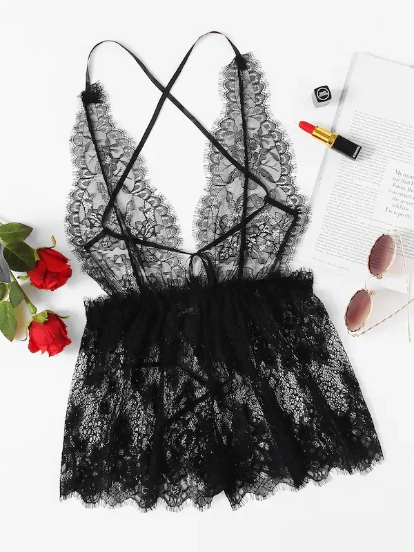 

Hot women pajamas Floral Lace Cross Romper Sexy lingerie for adults Bodysuit Spring Cross and Backless sleepwear