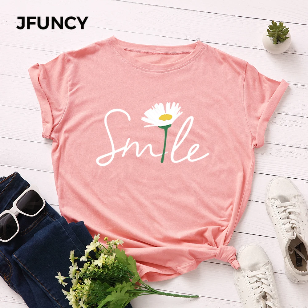 JFUNCY  S-5XL Women T-shirts Female Short Sleeve Tee Tops Smile Print Woman Casual Tshirt 2020 Summer Cotton T Shirt