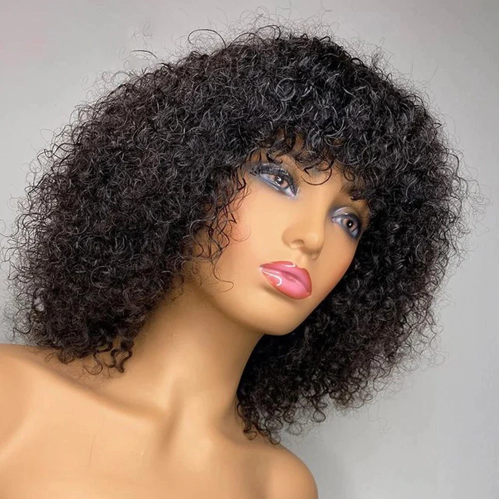 

Human Hair Wig With Bangs Afro Kinky Curly Peruvian Full Machine Made Scalp Top Wig Remy Short Curly Human Hair Wigs Cheap Hair