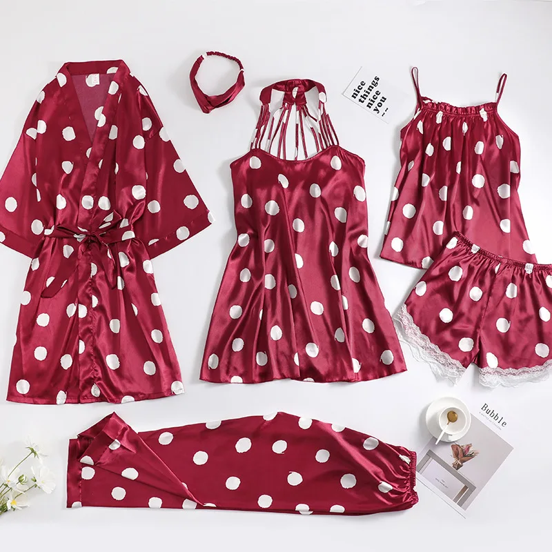 Пикантная Женская одежда для сна атласная кружевная пижама в горошек с глубоким