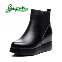 peipah womens wedges platform ankle boots genuine leather women martin boots pointed toe shoes woman solid chelsea warm boots