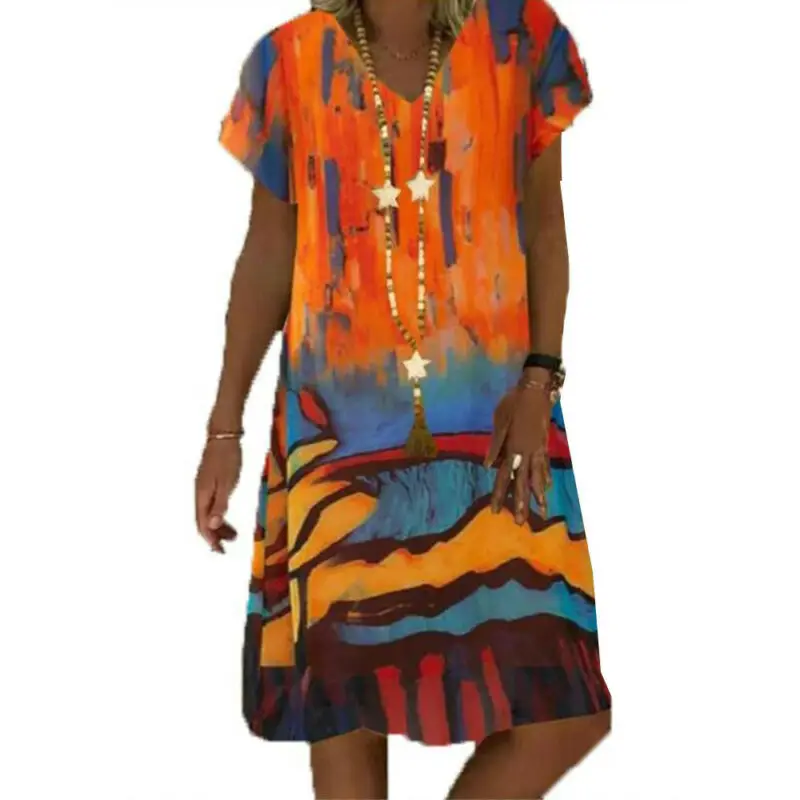 

Women Tie Dye Printing Midi Dress Lady A-Line Holiday Casual Baggy Summer Dresses
