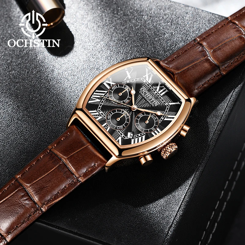

OCHSTIN Mens Watches Quartz Tonneau Luxury Waterproof Business Sports Multifunction Chronograph Leather Wristwatch Montre homme