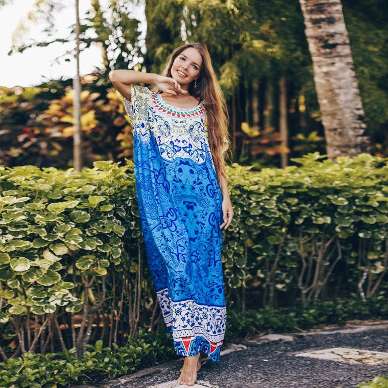 

Женское длинное платье в этническом стиле, свободное Хлопковое платье-кафтан с экзотическим принтом в стиле древних тотем, пикантное платье макси в богемном стиле, лето 2022