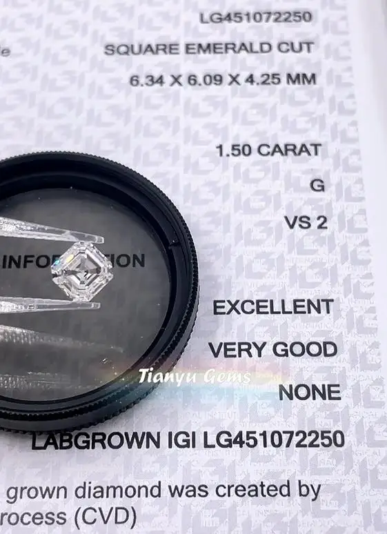 

Tianyu Gems Asscer Cut CVD Diamond 1.5ct G VS2 EX VG Loose Lab Grown IGI Certificate 6.34*6.09*4.25mm White Synthetic Diamonds
