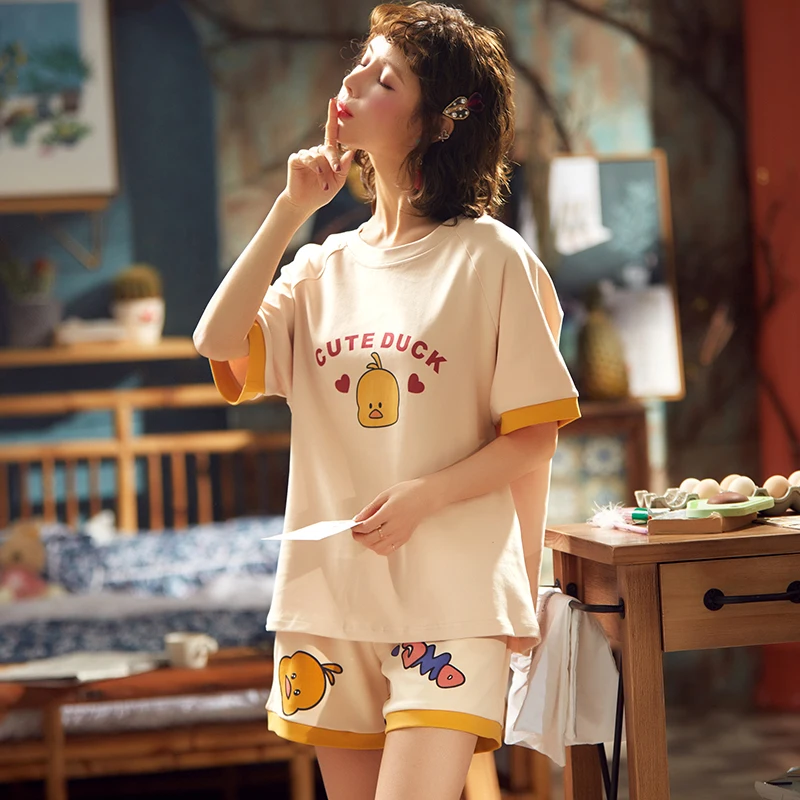 Летняя Пижама тонкий хлопковый костюм с коротким рукавом милая одежда для сна