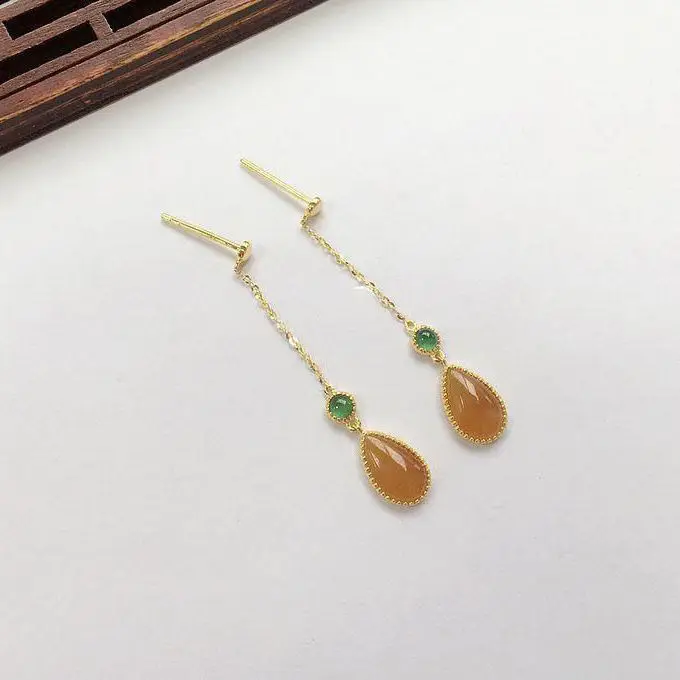 

Original new silver inlaid natural yellow chalcedony drop earrings with delicate and elegant temperament ladies jewelry