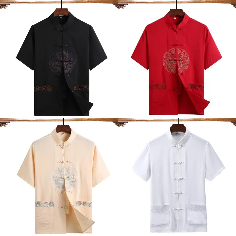 

Рубашка Wu Shu мужская с вышивкой, хлопково-Льняная сорочка кунг-фу в китайском стиле с драконом, блузка с коротким рукавом и принтом тай-чи, ра...