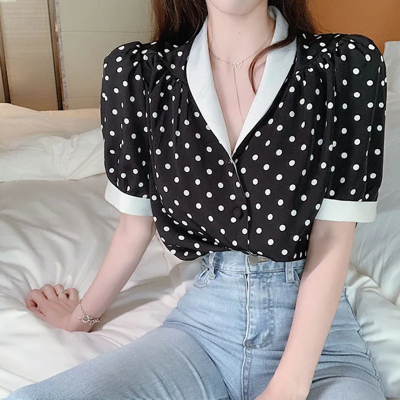 

Elegant V-neck Chiffon Blouse Women Casual Polka Dot Blouses Ladies Summer Short Sleeve Shirts Tops