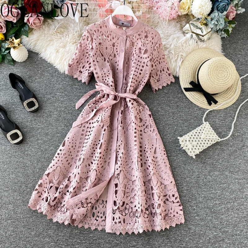 OCEANLOVE кружевное ажурное однотонное женское платье с бантом весенне летние платья