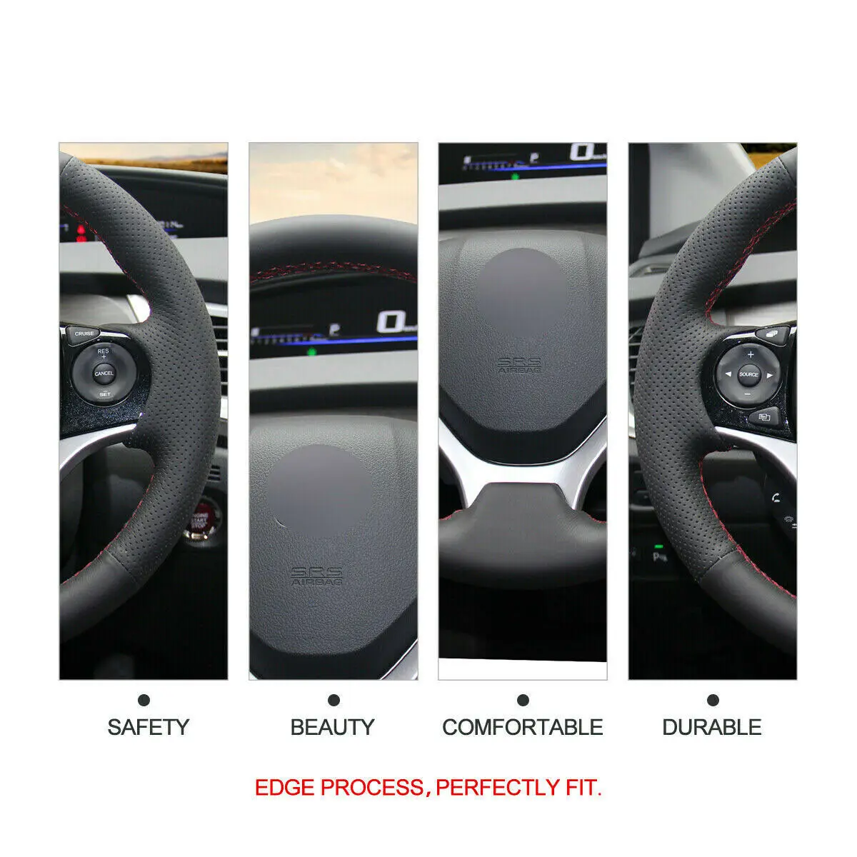 

Hand Stitch DIY Black Genuine Leather Steering Wheel Cover for Honda Civic Civic 9 2012-2015