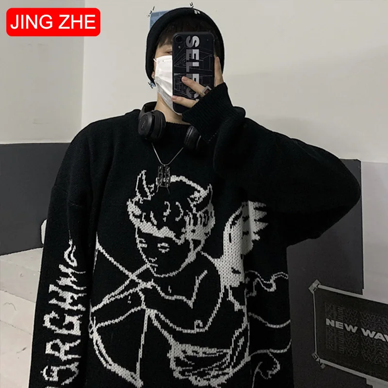 

JING ZHE Sweaters Women Streetwear Knitted Pullover Cupid Fashion Hip Hop Sweater Autumn Harajuku Oversized Outwear Jumper