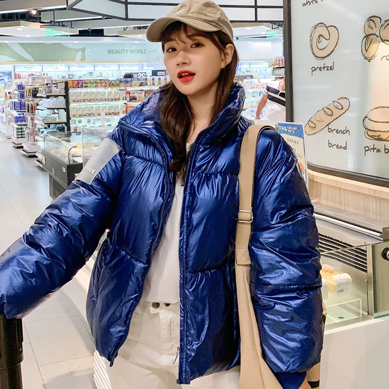 New Arrival Fashion Women Winter Glossy Parka Warm Thicken Ladies Coat Short Stand Collar Coats Parka Womens Jackets - Цвет: Синий