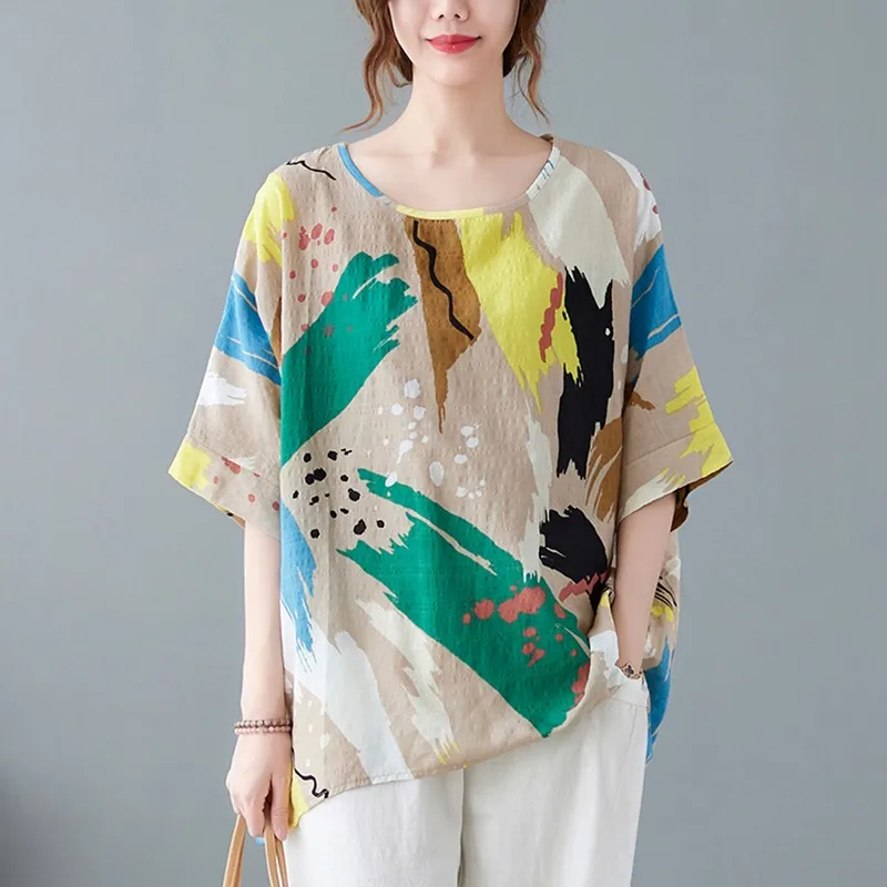 

Women Cotton Casual T-shirts 2021 Summer Simple Style Vintage Print Loose Female Batwing Sleeve Tops Tees B199