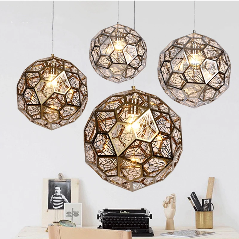 Modern Gold Copper Silver Etch Web Pendant Lights Stainless Steel Diamond Polygon Lamp for Living Room | Потолочные лампы и