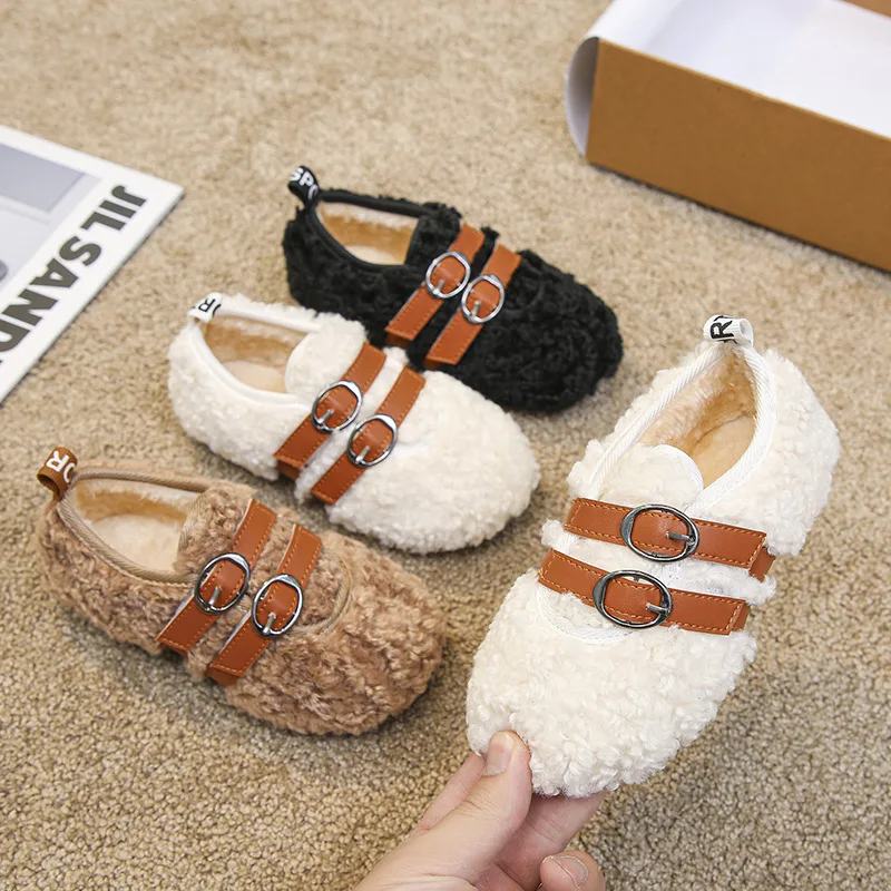 

Children Warm Cotton Shoes for Toddlers Girls Big Kids Loafers Leather Belt Decoration Fur Cotton-padded Autumn Winter Flats New