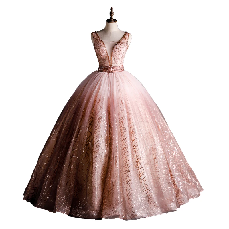 JaneVini блестящие длинные платья Quinceanera 2020 бальное платье без рукавов с глубоким
