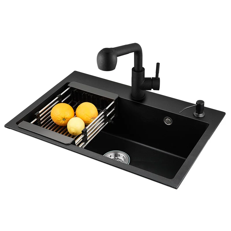 

Бесплатная доставка, Настольная кухонная раковина черного цвета, с краном, корзина для кухонной раковины, кухонная одночашечная подставка