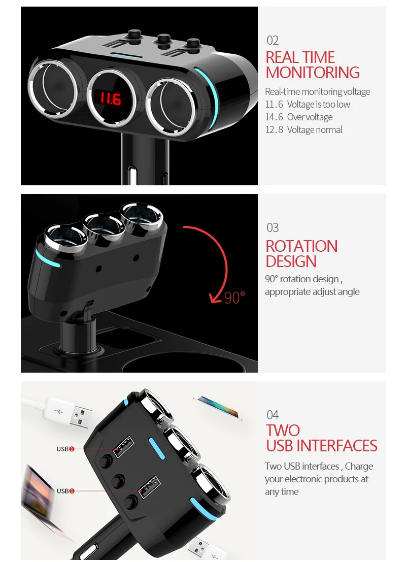 12 V-24 V розетка для автомобильного прикуривателя сплиттер светодиодный USB Зарядное устройство адаптер 3.1A 100W обнаружения для телефона MP3 DVR аксессуары
