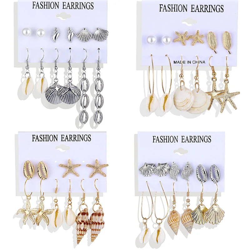 Модные пляжные раковины Комплект сережек для женщин Бохо Морская звезда золотая
