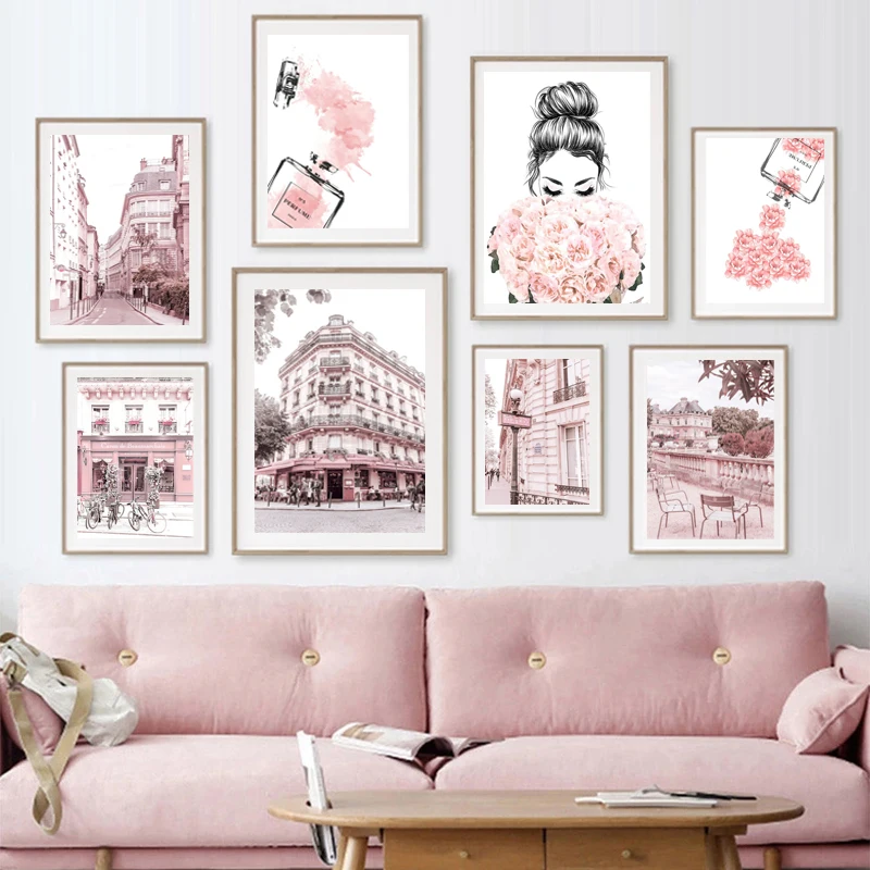 

Nordic Style Fashion Girl Pink Flower City Lip Perfume Wall Art Canvas Painting Poster Home Living Room Decoration Painting