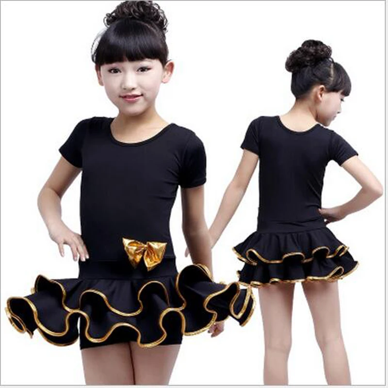 

Bowknot Latin Dance Dress Girls Ballroom Skirts Competition Dresses Short Sleeve Black/rose Stage Performance One Piece Skirt
