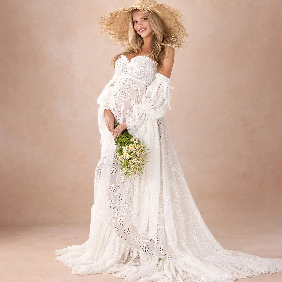 

Detachable Long Sleeve Maternity Dresses for Baby Showers Lace Pregnant Gown Photo Shoot Lingerie Bathrobe Nightwear