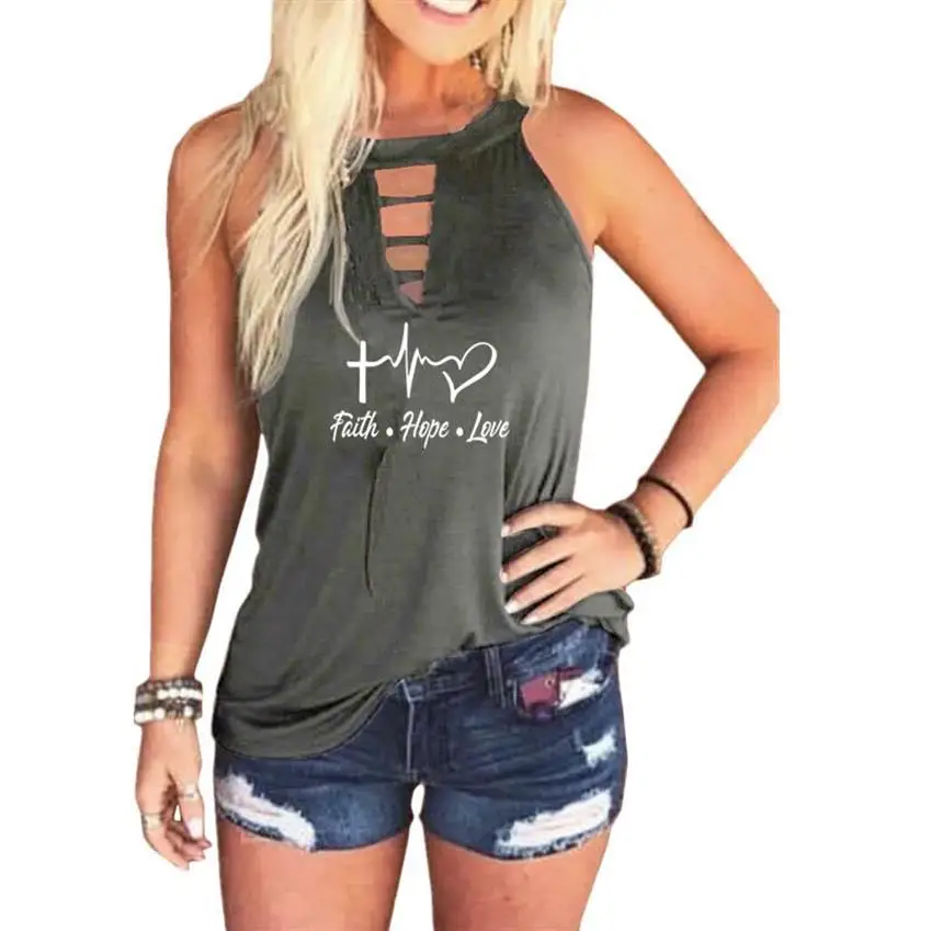 

Faith Hope Love Hollow Out Tank Top Women Summer Sleeveless Tees 2021 New Sexy Tanks Casual Green Black Top Female Solid Camis
