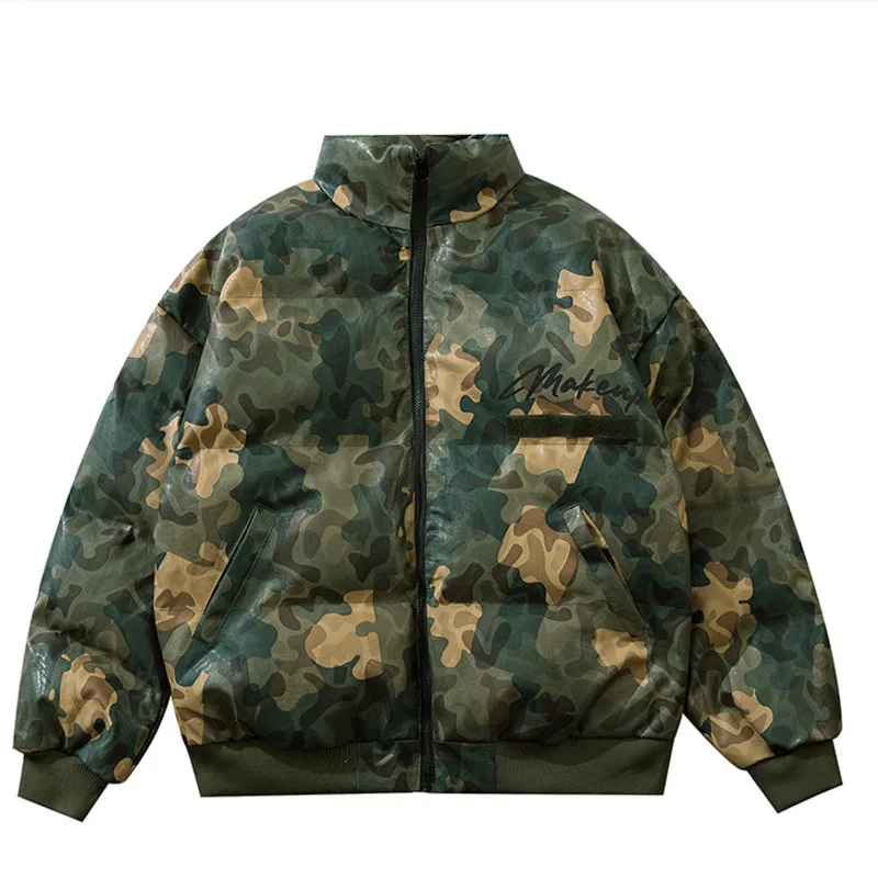 

Men's Camouflage Cotton Thicken Jacket Loose Washed PU Leather Couple Hand Stuffed Cotton 2021 Fall Winter