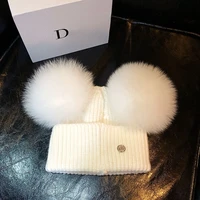 ht021 adult winter brand cap 16cm double real fur ball pom poms hat for lady hat knitted cap hat skullies women beanies