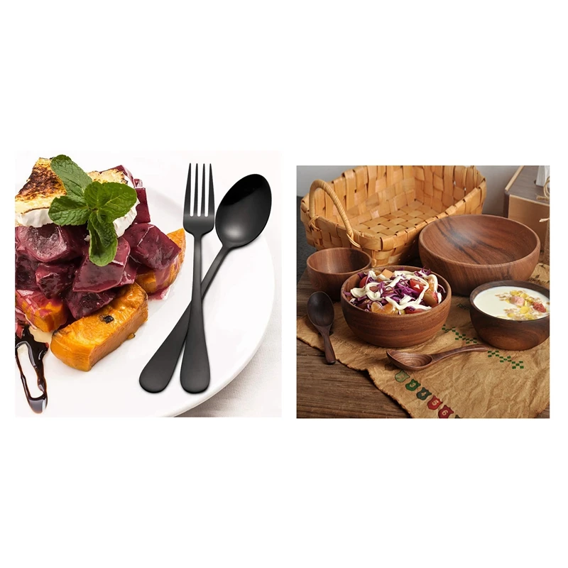 

5PCS Black Silverware Set, Stainless Steel Flatware Cutlery Set with Acacia Wood Wooden Bowl 5.1X2.4Inch