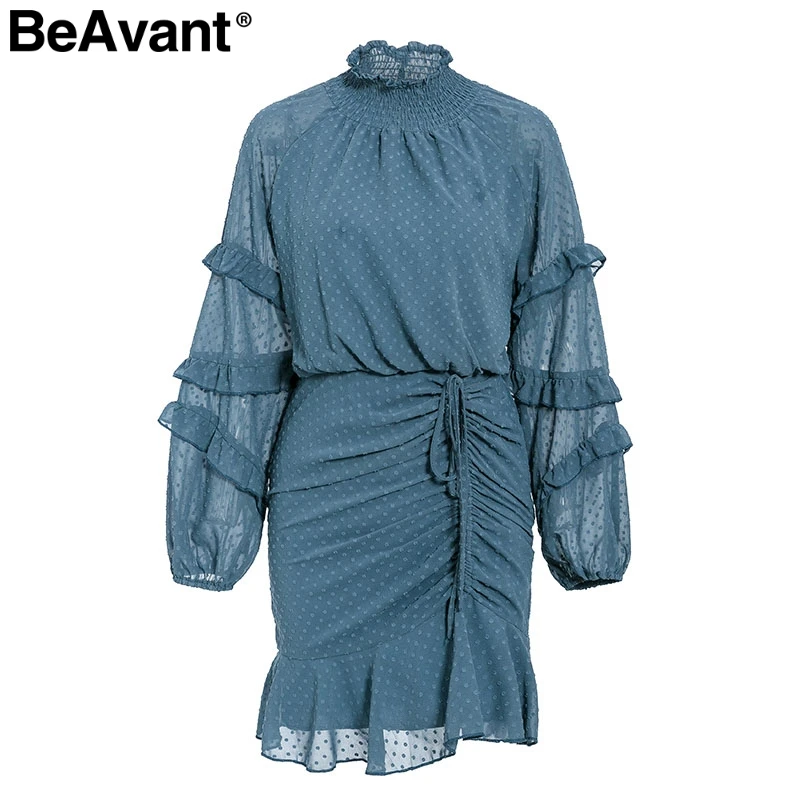 BeAvant/осеннее платье в горошек с рюшами, женское Элегантное зимнее офисное платье с длинными рукавами и шнуровкой, вечерние мини-платья в стиле ретро - Цвет: Royal Blue