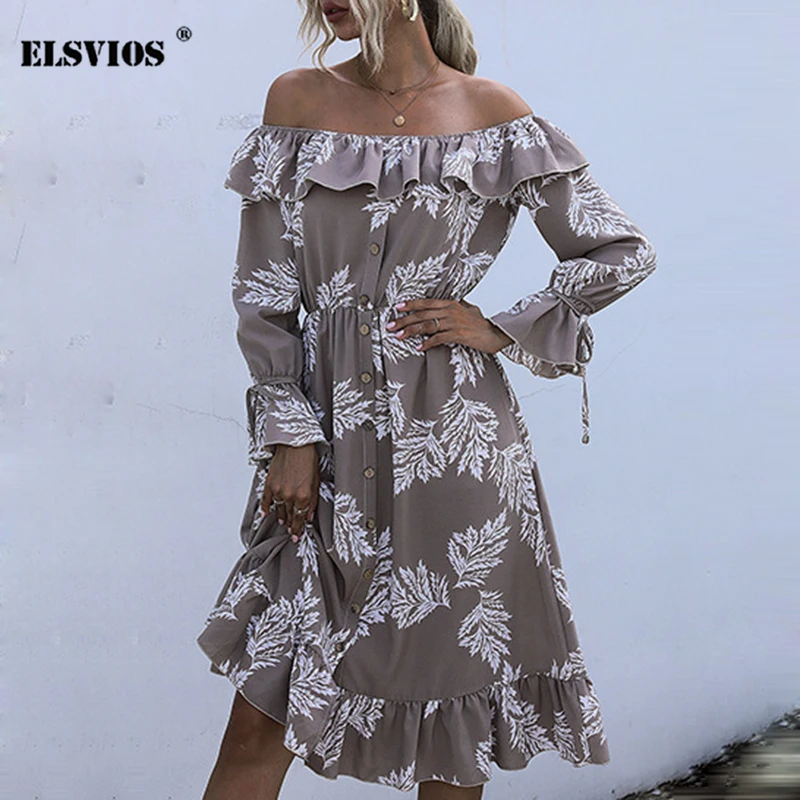 

Sexy Slash Collar Off Shoulder Floral Print Dress Casual Lacing Ruffled Long Sleeve Dress Autumn Elegant Button Split Slim Dress