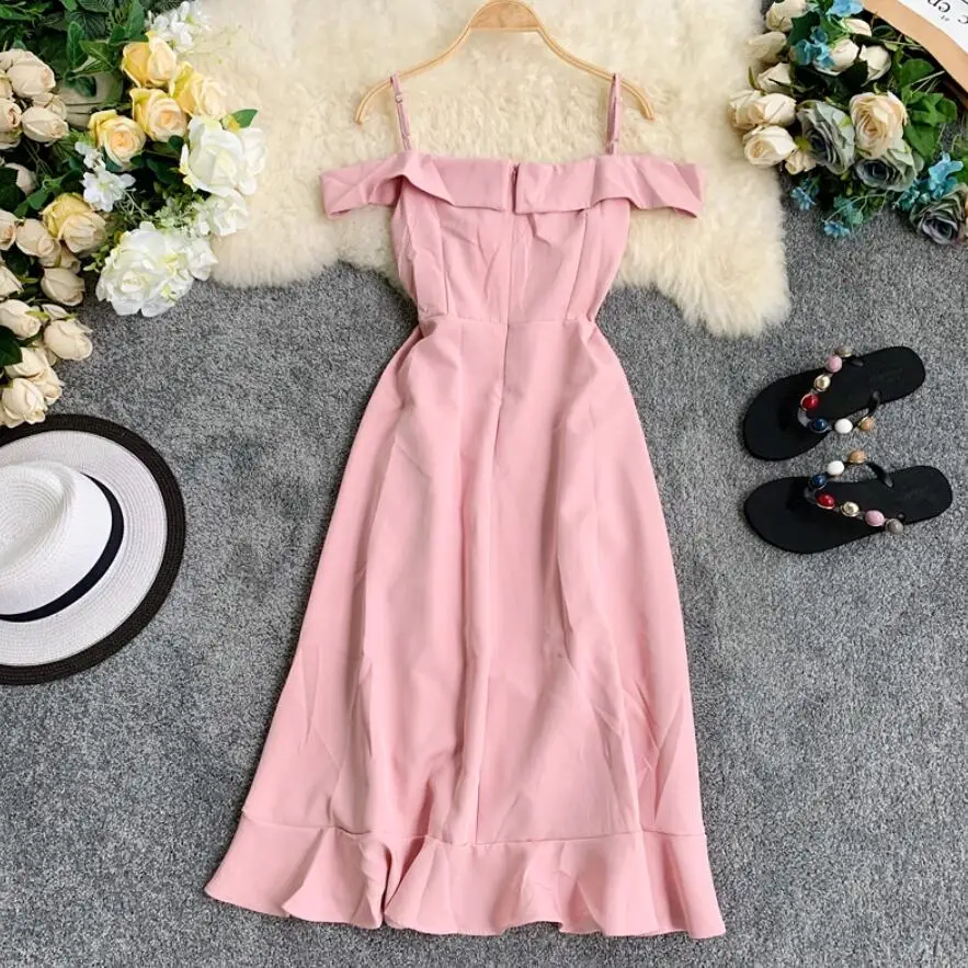

2020 Summer Clothes Women Dress Sexy Slash Neck Elegant Solid Dresses Female Ruffles Slim Party Ladies Dress Vestidos JW9339