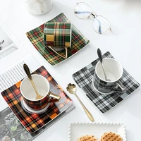 european style home ceramic square glazed coffee cup dish office business with dish coffee cup flower tea cup milk cup