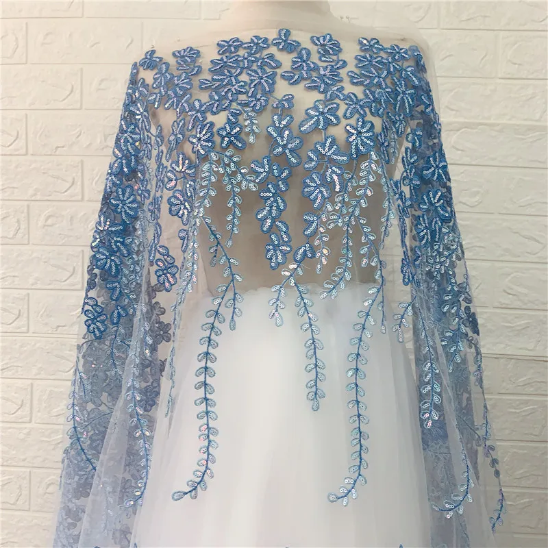 Синий сетчатый блесток вышитый французский тюль гипюр свадебное платье