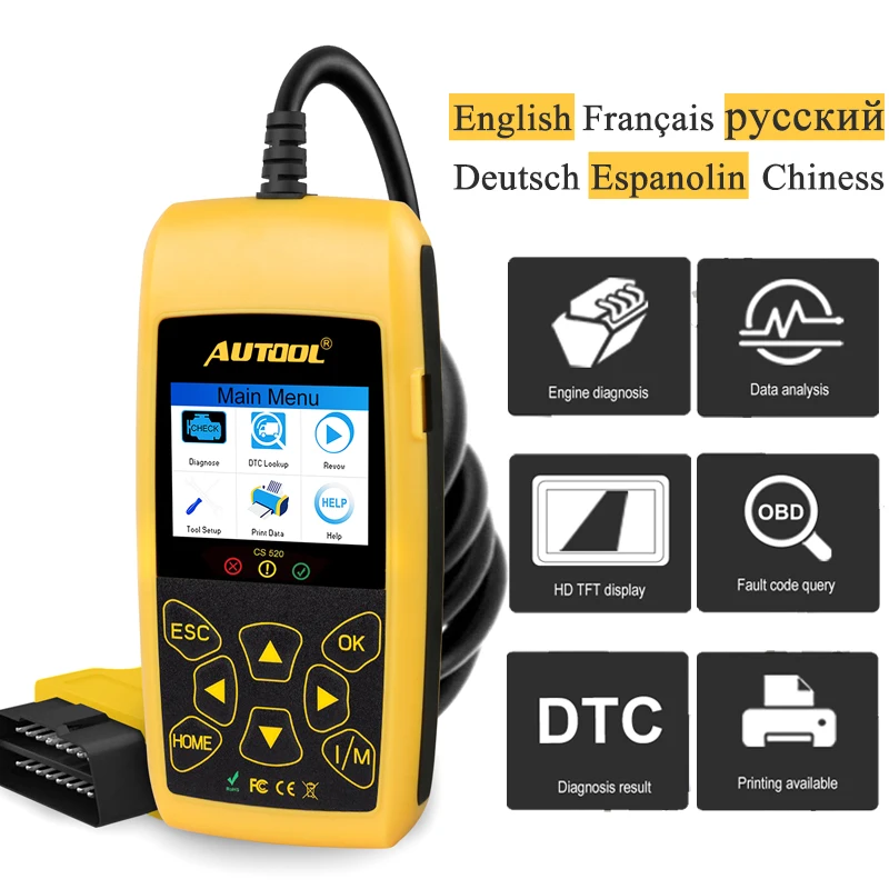AUTOOL 12V Многоязычный Полный OBD2 сканер OBD 2 считыватель кодов двигателя Creader