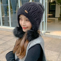 autumn winter thick warm beanie hats knitted fashion skullies caps with fluffy balls women street windproof earflap cap 56 58cm