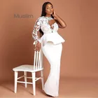 Пикантные белые размера плюс для выпускного вечера повязкой на голову, комбинезон, Иллюзия с длинным рукавом Детское платье силуэта русалка вечерние платья в африканском стиле вечерние платье костюм со штанами