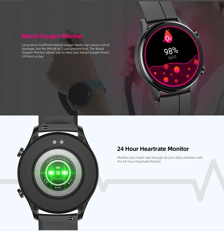 Kup Imilab Inteligentny Zegarek W12 Bluetooth 5.0 SmartWatch Monitorujący Tętno Nadajnik Sportowy Fitness Tlenu We Krwi Monitorowania