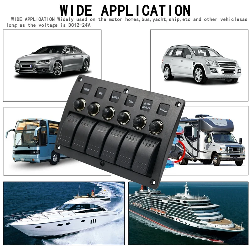

Car Boat Rocker Switch Panel 12V Marine 6 Gang Vehicle Truck Auto Panel Switch Waterproof with Stickers