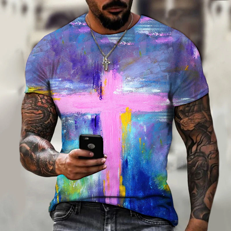 

2021 Jesus Cross Street Graffiti Style Men's 3d Printed T-shirt Fashion Leisure Trend Hip Hop Clothes Men's Favorite T-shirt