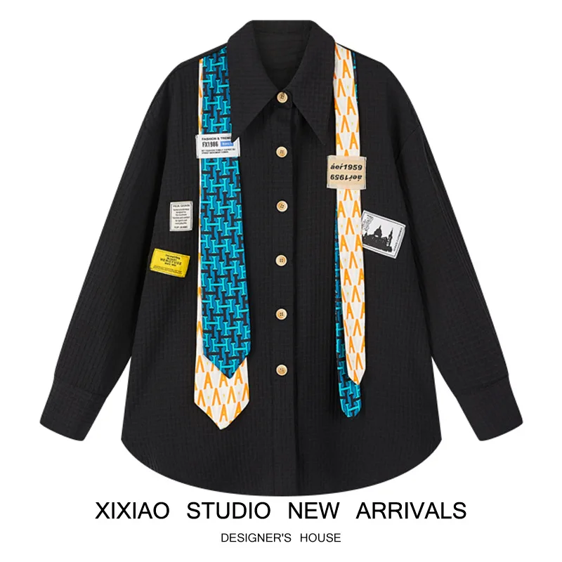 

Черная рубашка в британском стиле с вафельным галстуком, Женская Осенняя свободная тонкая шикарная рубашка-чехол оверсайз