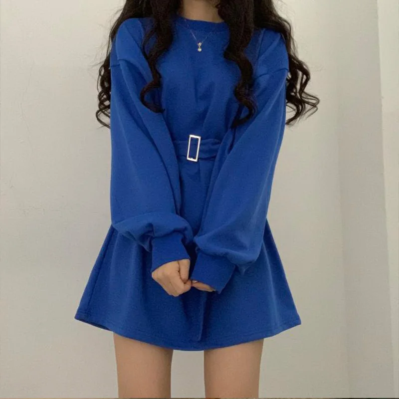 

Long Sleeve Dress Women Spring Autumn Korean Style Pullover Hoodies Dress Ladies Solid Loose T shirt Dresses Women With Belt