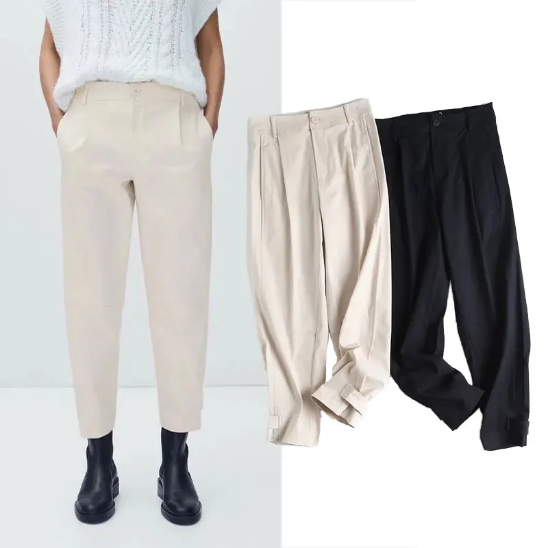 

Za Pant Women 2021 Fashion Autumn Simple Solid color High Waisted Woman Pockets Trousers Streetwear Overalls Straight-Leg Pants